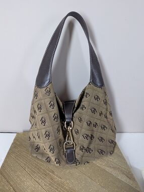 Dooney & Bourke Signature DB Monogram Shoulder Bag Brown Canvas Leather Trim